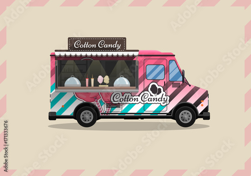 Cotton Candy, a kiosk on wheels, retail, candy and confectionery, illustrated and flat style vector illustration. Dried Cloud Dessert Illustration for your projects