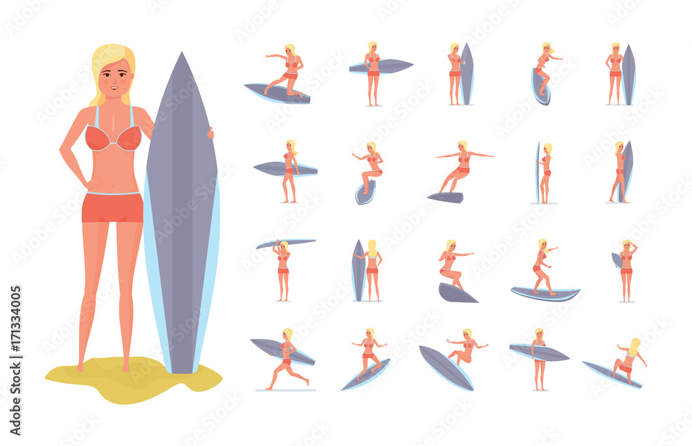 Surfer set in various poses, situations. Summer vacation on sea.