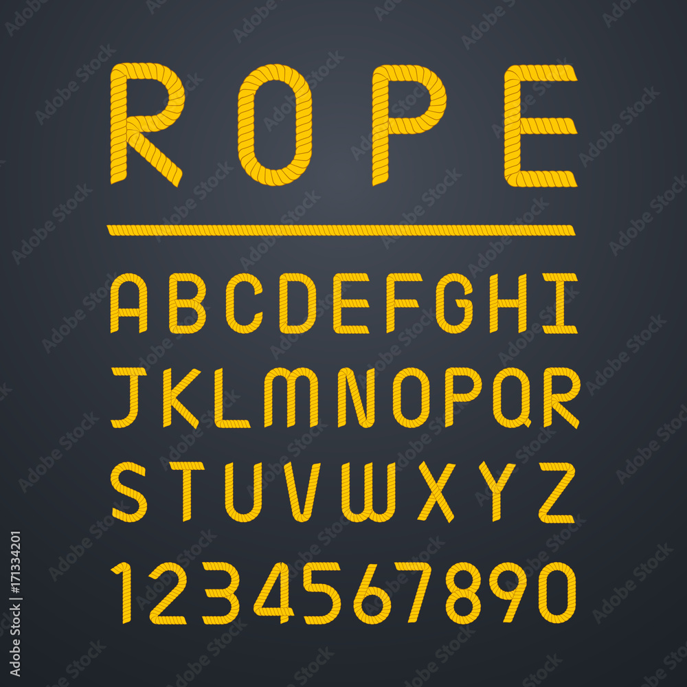 Rope font alphabet and number. Element for graphics design. Vector