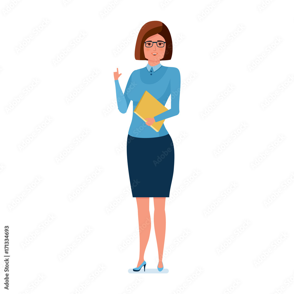 Young teacher in strict work clothes with magazine in hand. Young teacher in strict work clothes with magazine in hand.