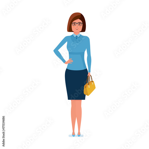 Girl teacher character, stands with bag in hand and smiles.