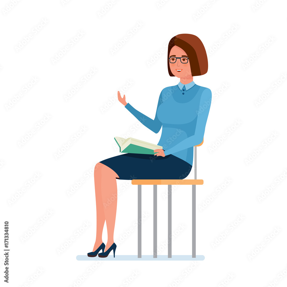 Teacher sitting on chair, holding book and explains school material. Teacher sitting on chair, holding book and explains school material.