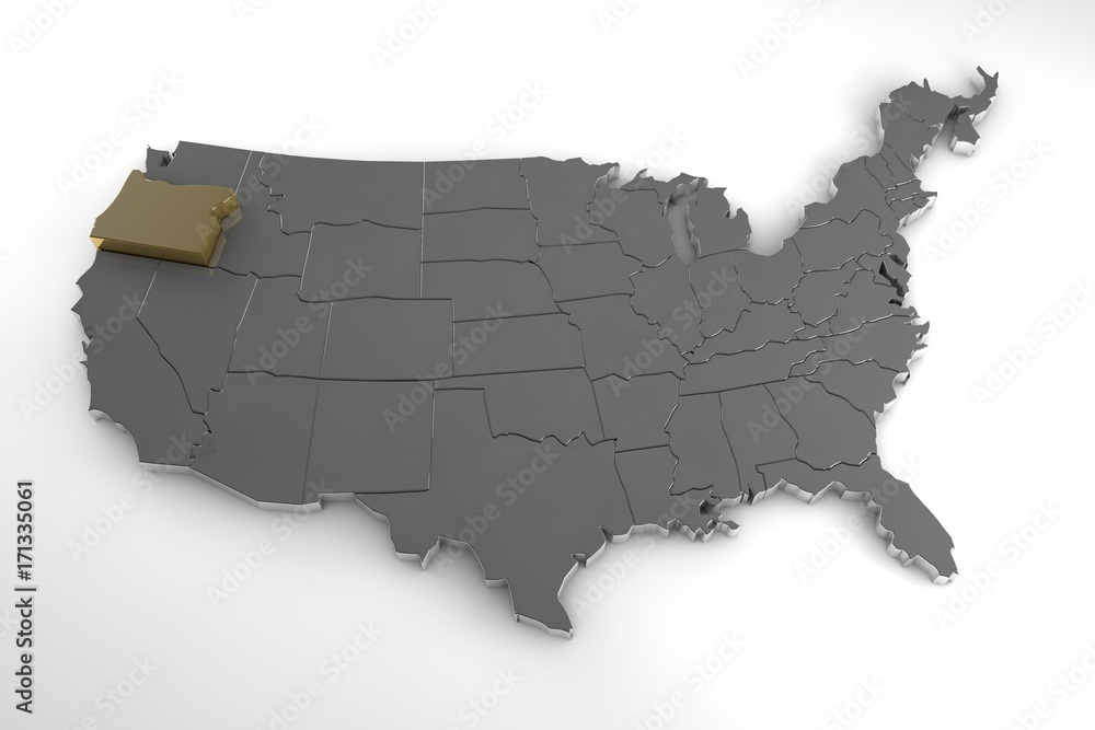 United states of America, 3d metallic map, whith Oregon state  highlighted. 3d render