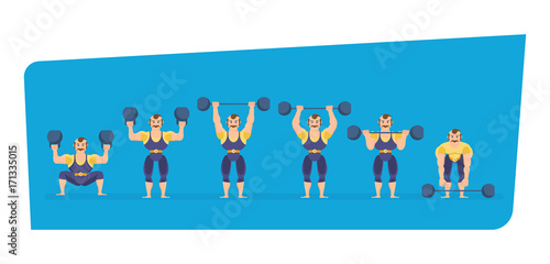 Athlete character, showing strength exercises with dumbbells, in different poses.