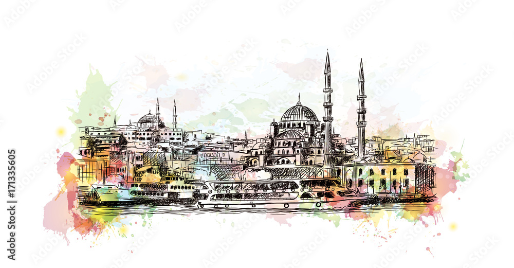 Obraz premium Szkic akwarela Błękitnego Meczetu w Stambule w Turcji ilustracji wektorowych.