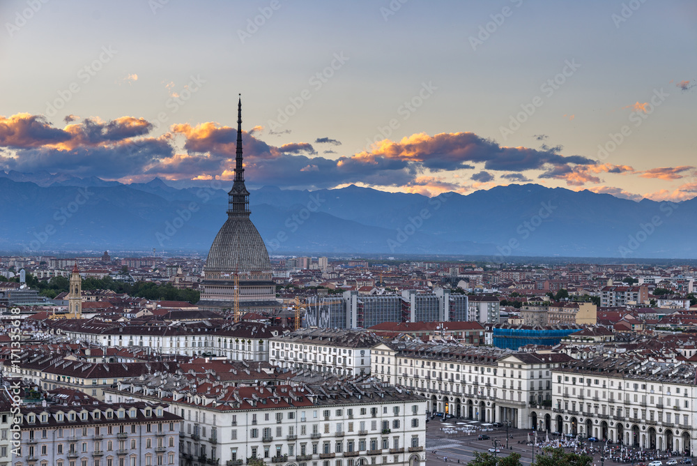 Cityscape of Torino (Turin, Italy) at dusk with colorful sky