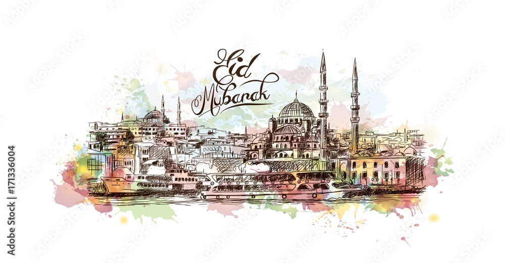 Obraz premium Szkic akwarela Błękitnego Meczetu w Stambule w Turcji z tekstem Eid Mubarak w ilustracji wektorowych.