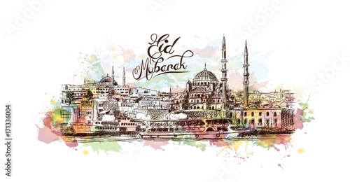 Watercolor sketch of Blue Mosque Istanbul Turkey with Eid Mubarak text in vector illustration.