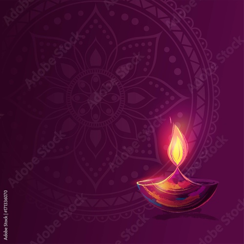 Diwali festival poster. DIwali holiday shiny background with diya lamp and rangoli. Vector illustration