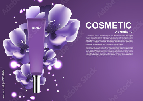 Beauty cosmetic ads, purple cosmetic tube and blooming flowers on purple background
