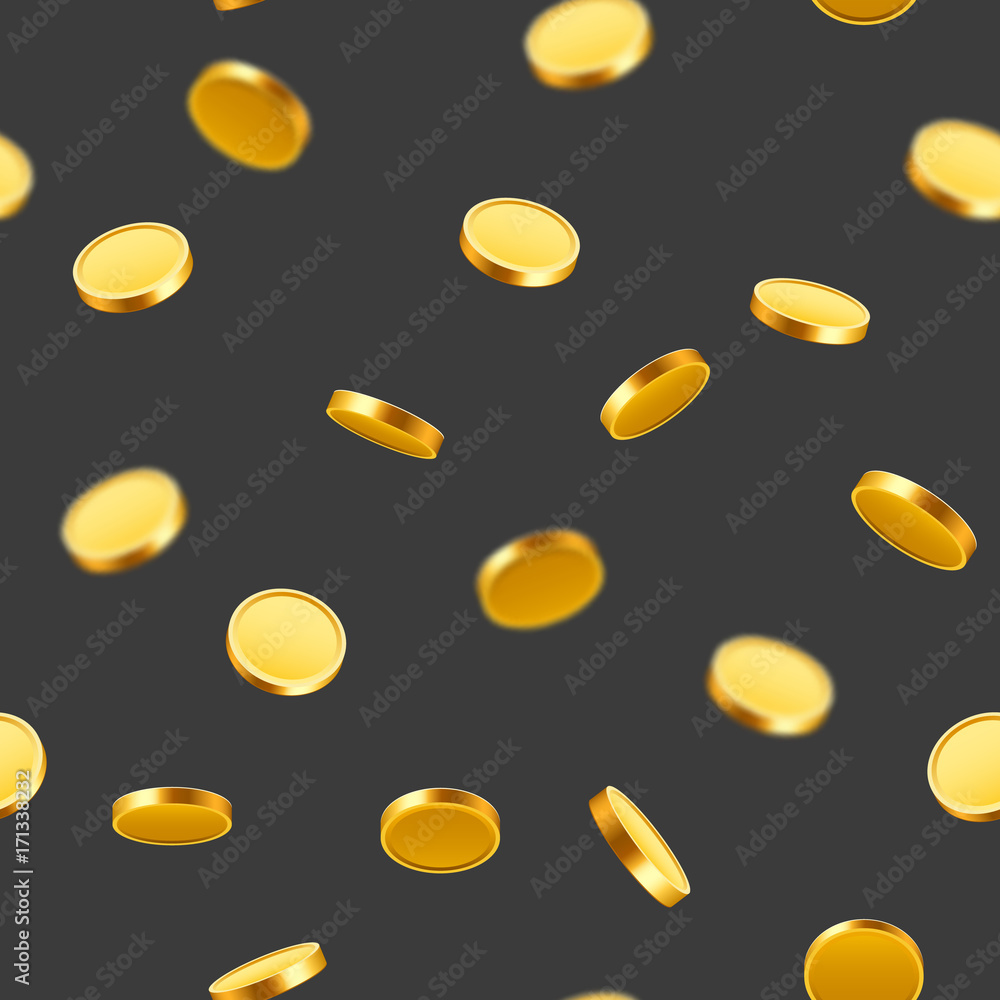 Falling coins, falling money, flying gold coins, golden rain. Jackpot or success concept. Seamless background. Falling coins, falling money, flying gold coins, golden rain. Jackpot or success concept. Seamless background.