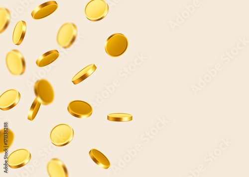 Falling coins, falling money, flying gold coins, golden rain. Jackpot or success concept. Modern background.