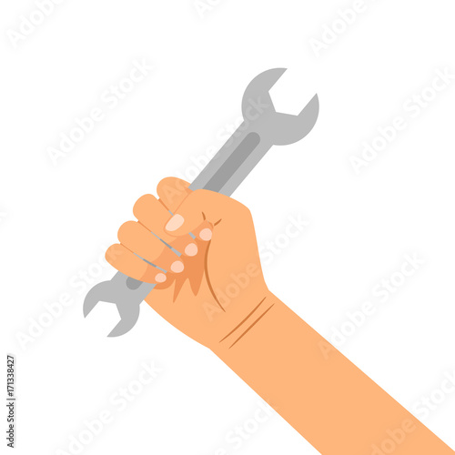 Hand with wrench isolated on white