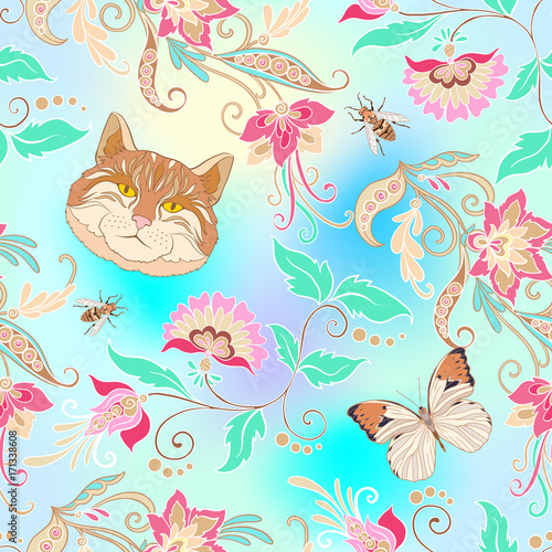 Seamless pattern  background with vintage style flowers and anim