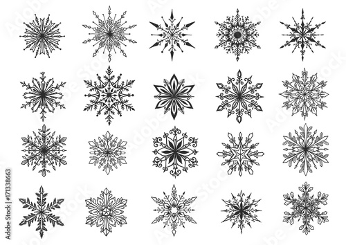 Twenty hand drawn snowflake icon isolate on white background for design element. Vector illustration