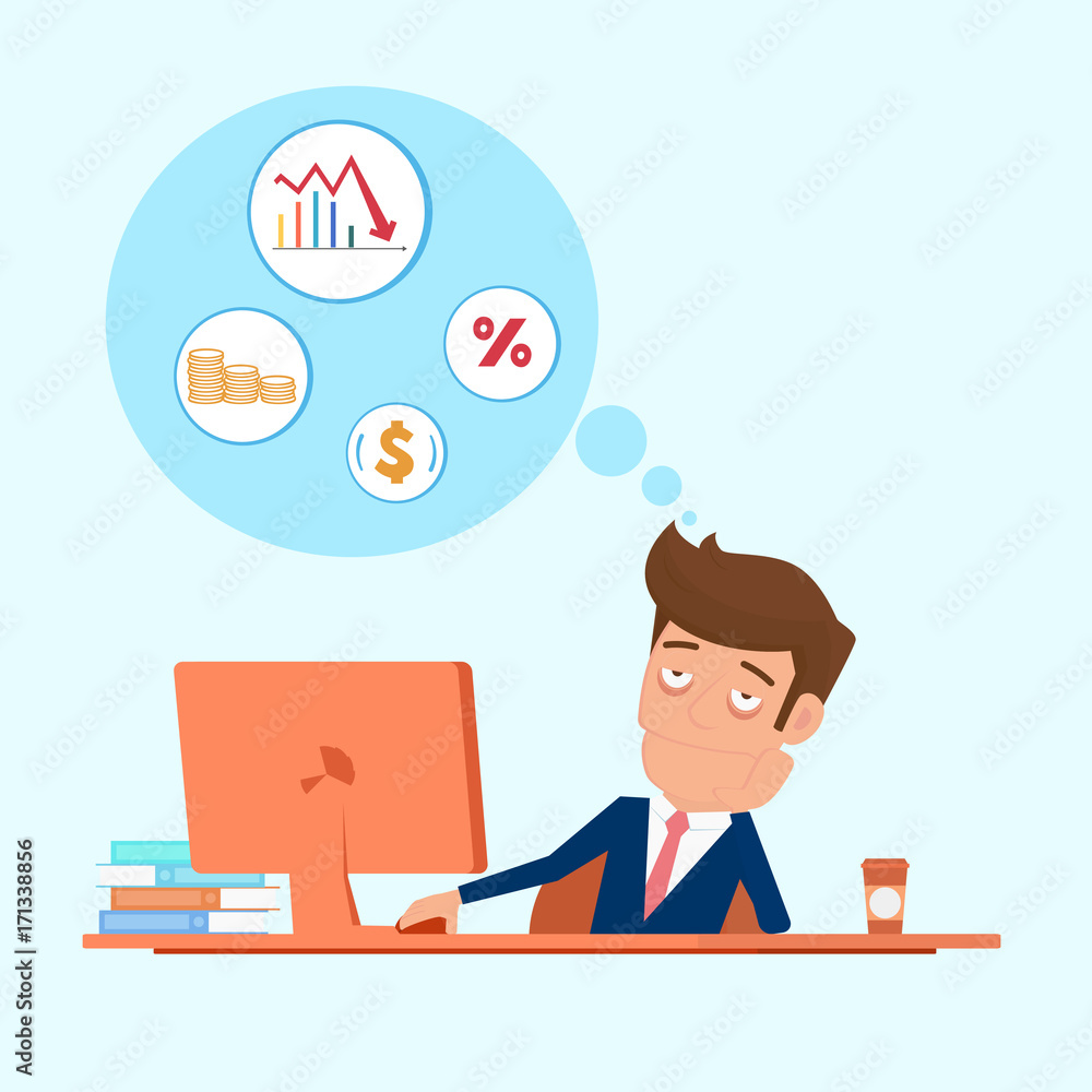 Businessman sitting in front of the computer with falling down trend graph. Bankruptcy concept. Business failure. Businessman sitting in front of the computer with falling down trend graph. Bankruptcy concept. Business failure.