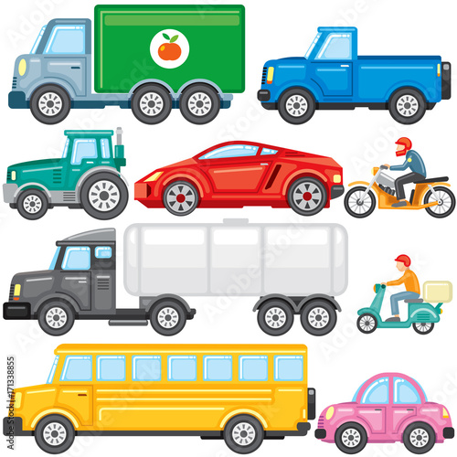 Flat Colored Cartoon Cars and Trucks. Vector Icons