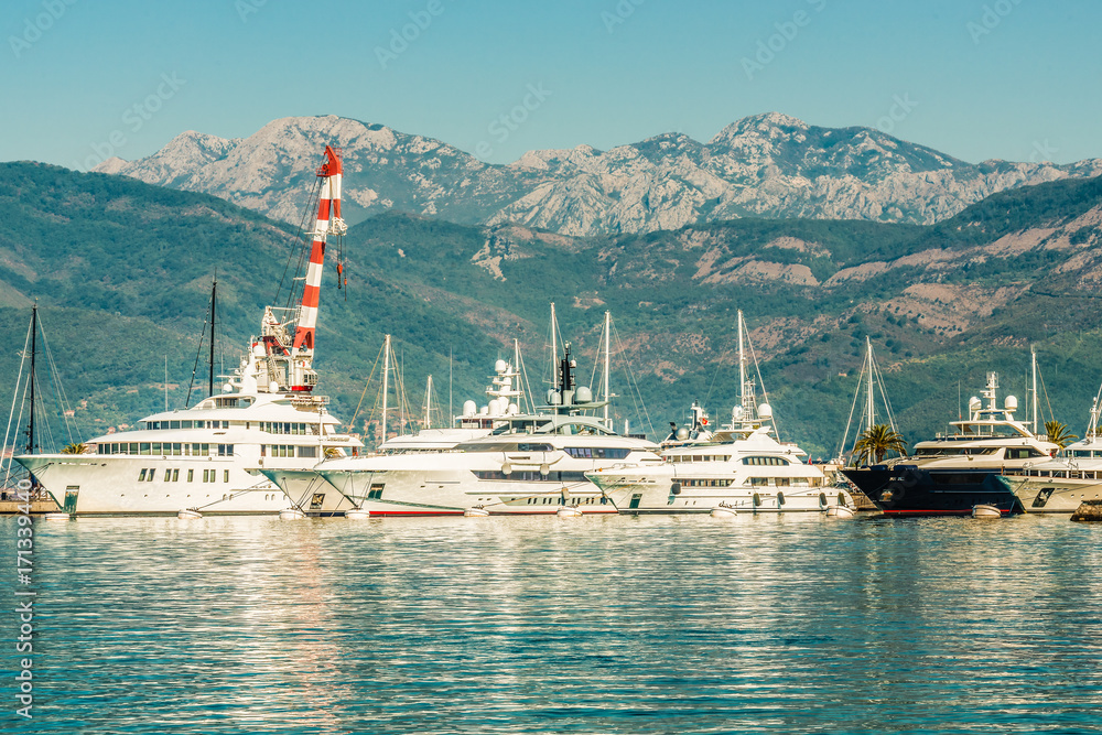 Elite area of Tivat in Montenegro - luxury yacht marina Mediterranean sea .