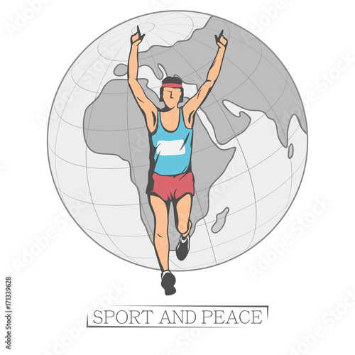 participant in an international marathon for peace and tranquility on earth. in the background a large globe.