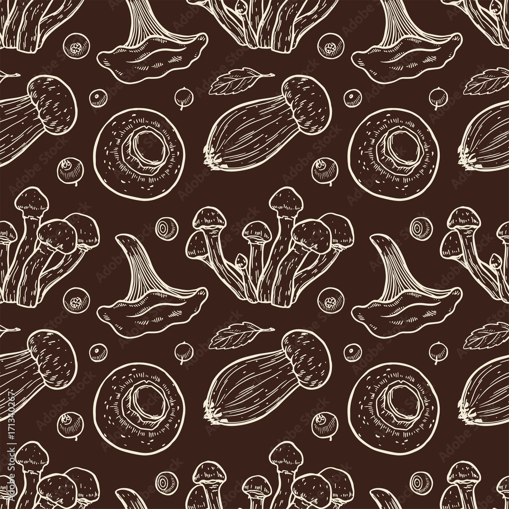 Pretty sketched seamless pattern made of hand drawn mushrooms and berries. Pretty sketched seamless pattern made of hand drawn mushrooms and berries.