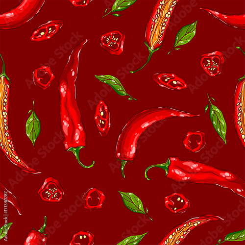 Pretty colorful seamless pattern made of hand drawn chili peppers.