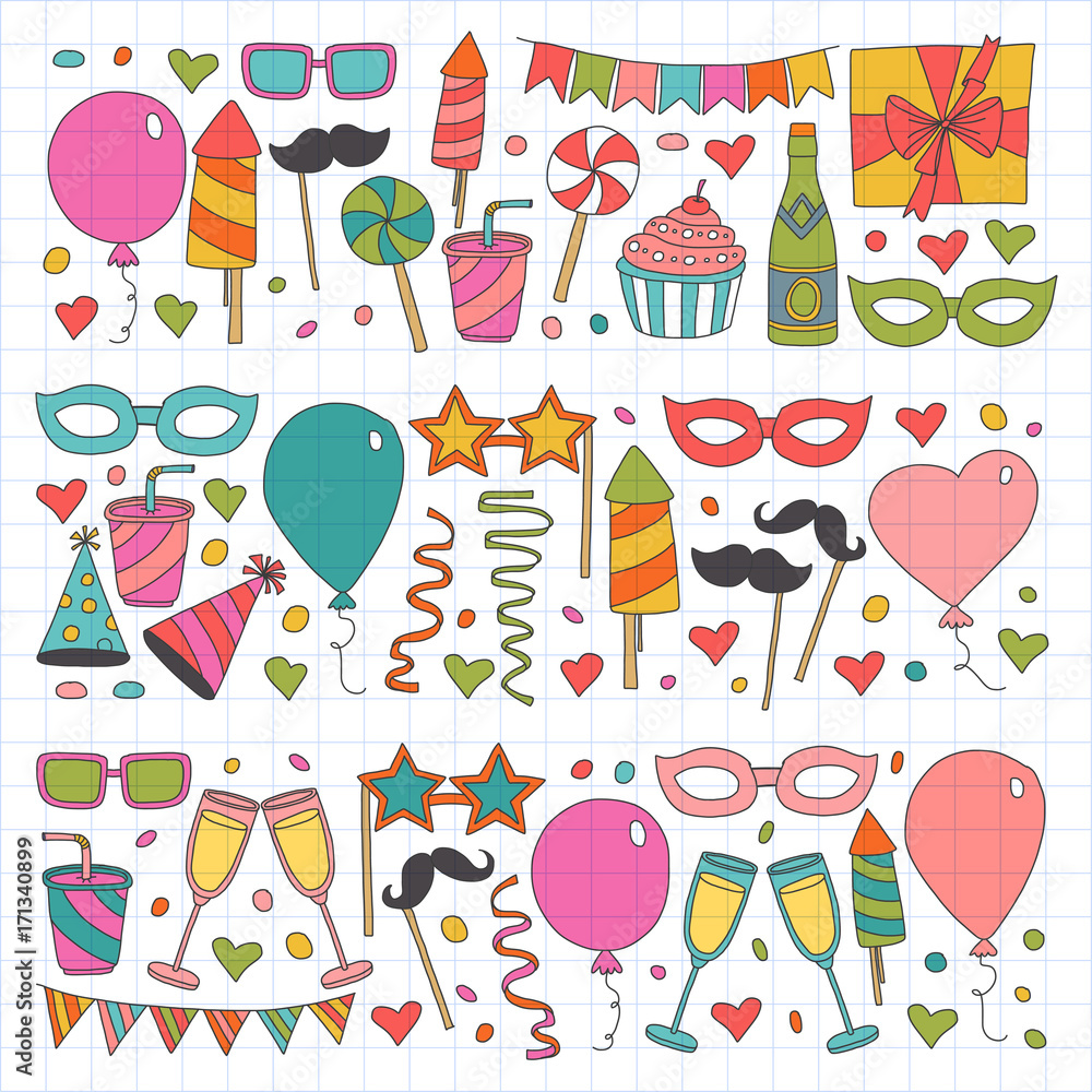Set of birthday party vector design elements. Kids drawing. Doodle icons Colorful balloons, flags, confetti, cupcakes, gifts, candles, bows and decorative ribbons. Checked notepad paper