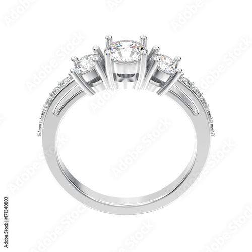 3D illustration white gold or silver decorative engagement three stone diamond ring on a white background