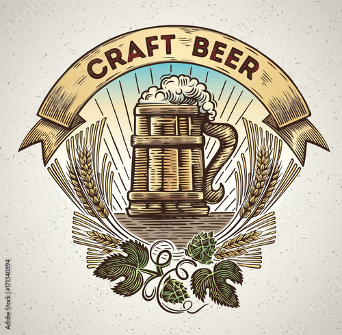 Mug of beer in a graphic style and elements of the branches of hops and ears. Hand-drawn illustration.