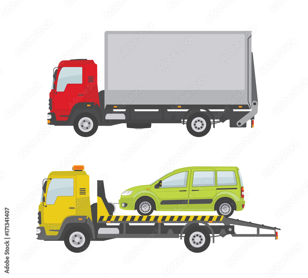 Truck and tow truck isolated on white background. Vector illustration. 
