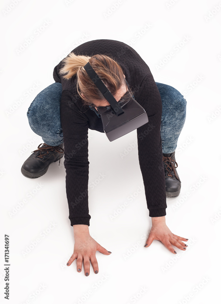 Woman play VR shooter game with virtual reality glasses Woman play VR shooter game with virtual reality glasses
