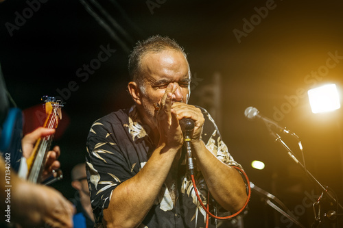 Blues singer plays harmonica