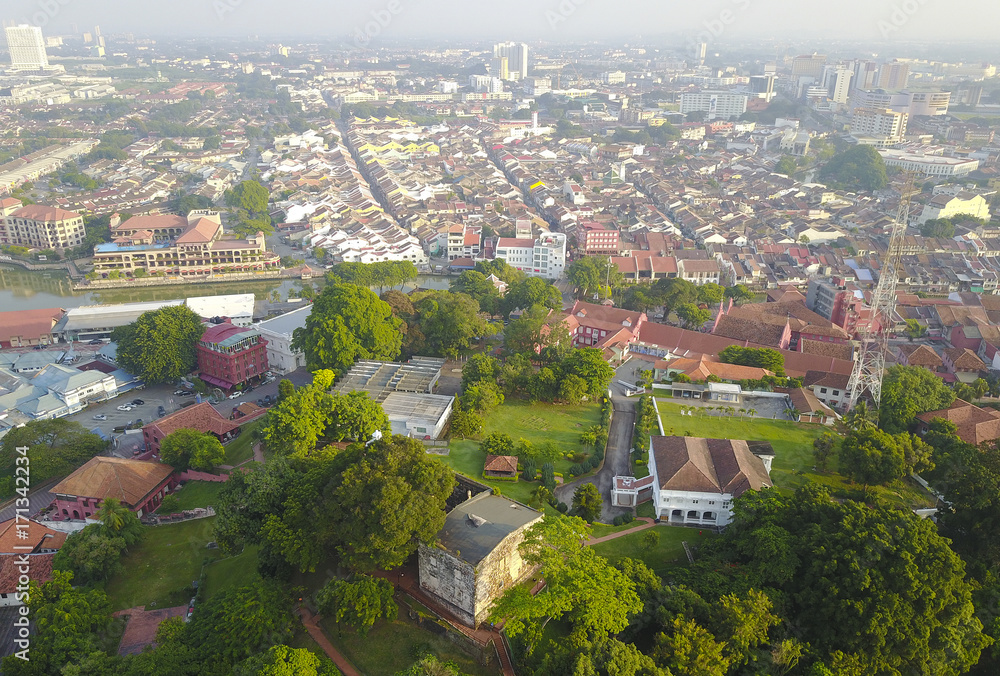 Aerial view of A famosa Fortress melaka. The remaining part of the ancient fortress of malacca.