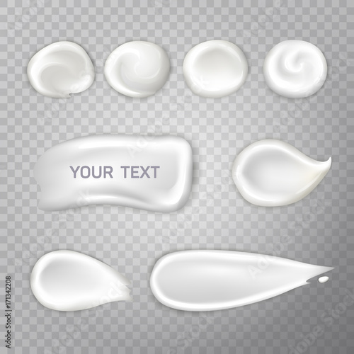 Vector elements of white cream drops and smear. Empty sample isolated on background. Fully editable handmade mesh. Set of realistic cosmetic swatches use as template or mockup for text.