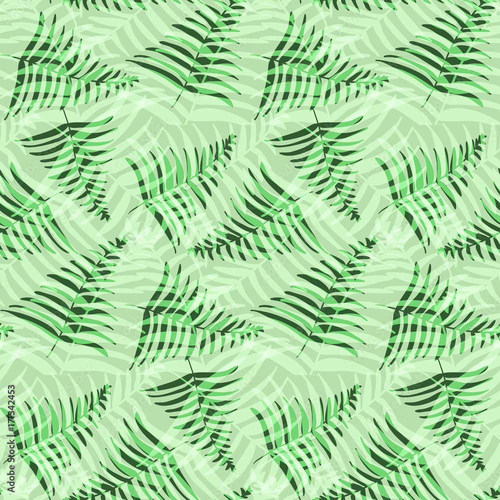Abstract fashion green tropical palm leaves seamless pattern. Nice trendy vector exotic leaves texture for textile, wrapping paper, background, surface, cover, web design