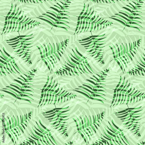 Abstract fashion green tropical palm leaves seamless pattern. Nice trendy vector exotic leaves texture for textile, wrapping paper, background, surface, cover, web design