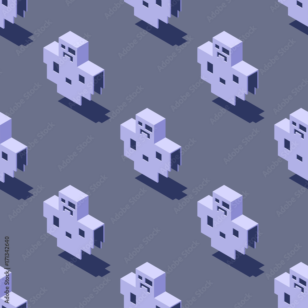 Seamless pattern of cubic ghosts on light gray background. Retro design concept, Clipping mask used. Seamless pattern of cubic ghosts on light gray background. Retro design concept, Clipping mask used.