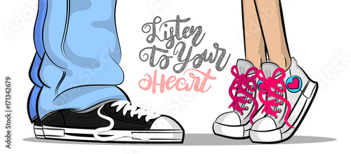 Pop art man woman sneakers legs blue jeans shoelace stay kiss romantic. Philosophy lettering love comic text phrase. Cartoon colored sketch vector illustration. Funny Valentines Day casual style.
