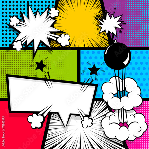 Pop art comics book magazine cover template. Cartoon funny vintage strip comic superhero text, speech bubble, balloon, box message, burst bomb. Vector halftone illustration. Blank humor graphic.