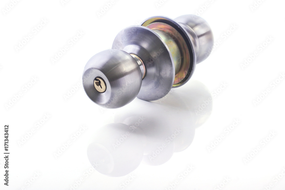Close up of Stainless steel round ball door knob components isolated white background as Locksmith concept Close up of Stainless steel round ball door knob components isolated white background as Locksmith concept