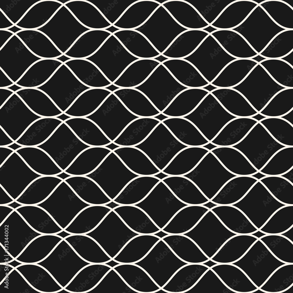 Naklejka premium Vector seamless pattern, thin wavy lines. Dark texture of mesh, lace, weaving, smooth lattice. Subtle monochrome geometric background. Design for prints, fabric, package, decor, cloth, digital, web
