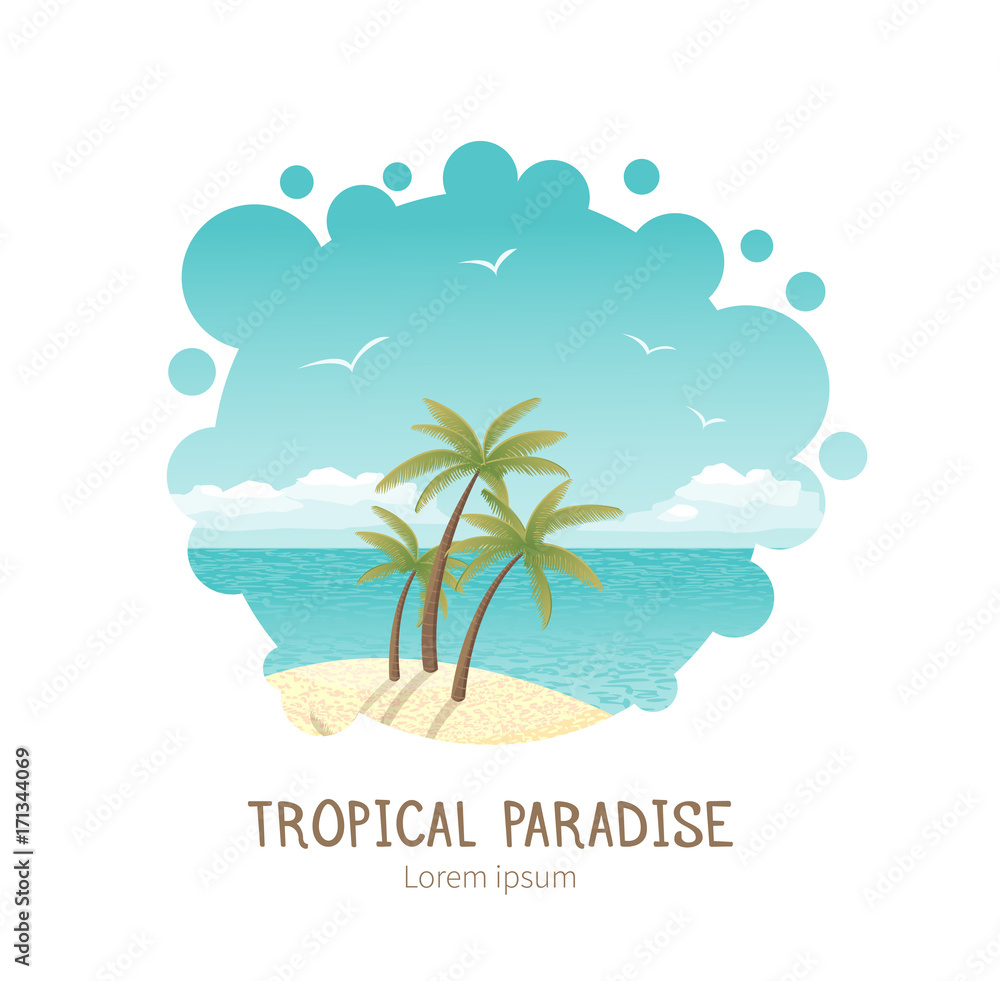 Beautiful tropical island vector illustration. All objects are located on separate layers. Image cropped with Clipping Mask, so you can easily redact it as you need