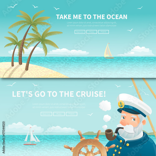 Set of two ocean  travel posters.  All objects are conveniently grouped and located on separate layers. Image cropped with Clipping Mask, so you can easily redact it as you need.
