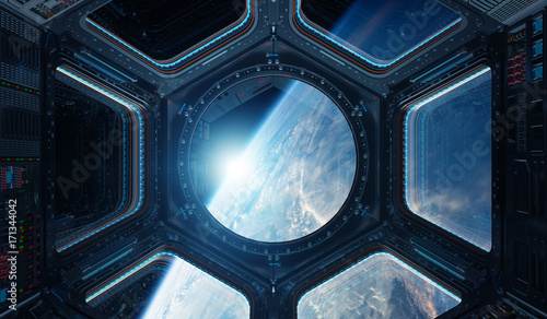 Fototapeta Naklejka Na Ścianę i Meble -  View of planet Earth from a space station window 3D rendering elements of this image furnished by NASA