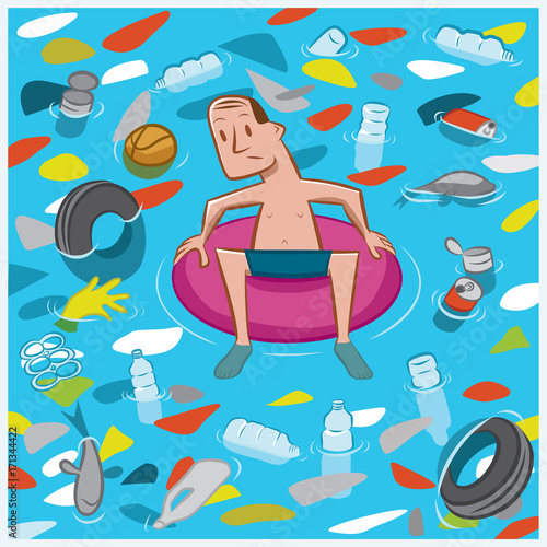 A man floats in an inflatable tube amidst a sea of garbage.