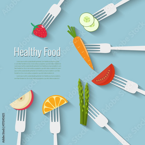 Vegetables  and fruits on forks. Healthy food vector illustration.