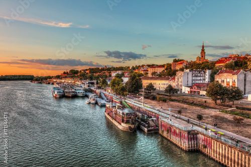 Concrete ship in Belgrade's port and sunset. HDR image