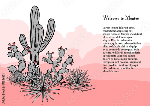 Cacti group. Prickly pear cactus, blue agaves, and saguaro. Mexico hand drawn card. Vector illustration. Stylish palette. Mountains background.