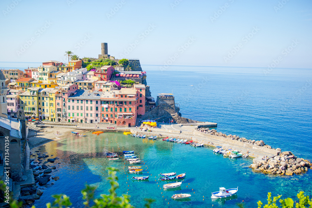 View on beautiful Vernazza town from above. Vernazza is one of the most popular old village in Cinque Terre, Italy