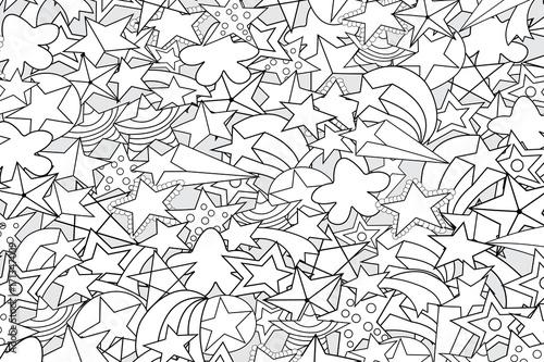 Stars cartoon doodle outline design. Cute black and white lineart background concept for party decoration  greeting card   advertisement  banner  flyer  brochure. Hand drawn vector illustration. 