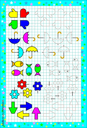 Worksheet for little children on a square paper. Logic puzzle. Need to correctly paint the figures. Vector image.